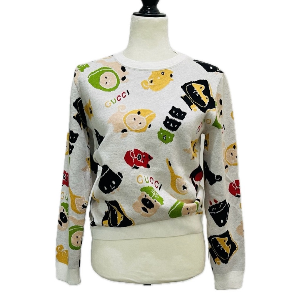White Multicolor Novelty Crewneck Sweater Featuring Kitties and Piggies
